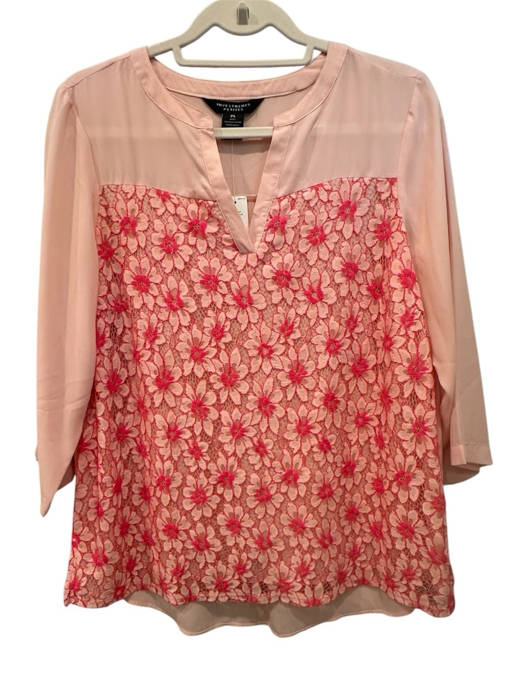 NWT V-Neck Pink Floral Lace Panel Blouse Cottagecore Feminine Sz L Petite